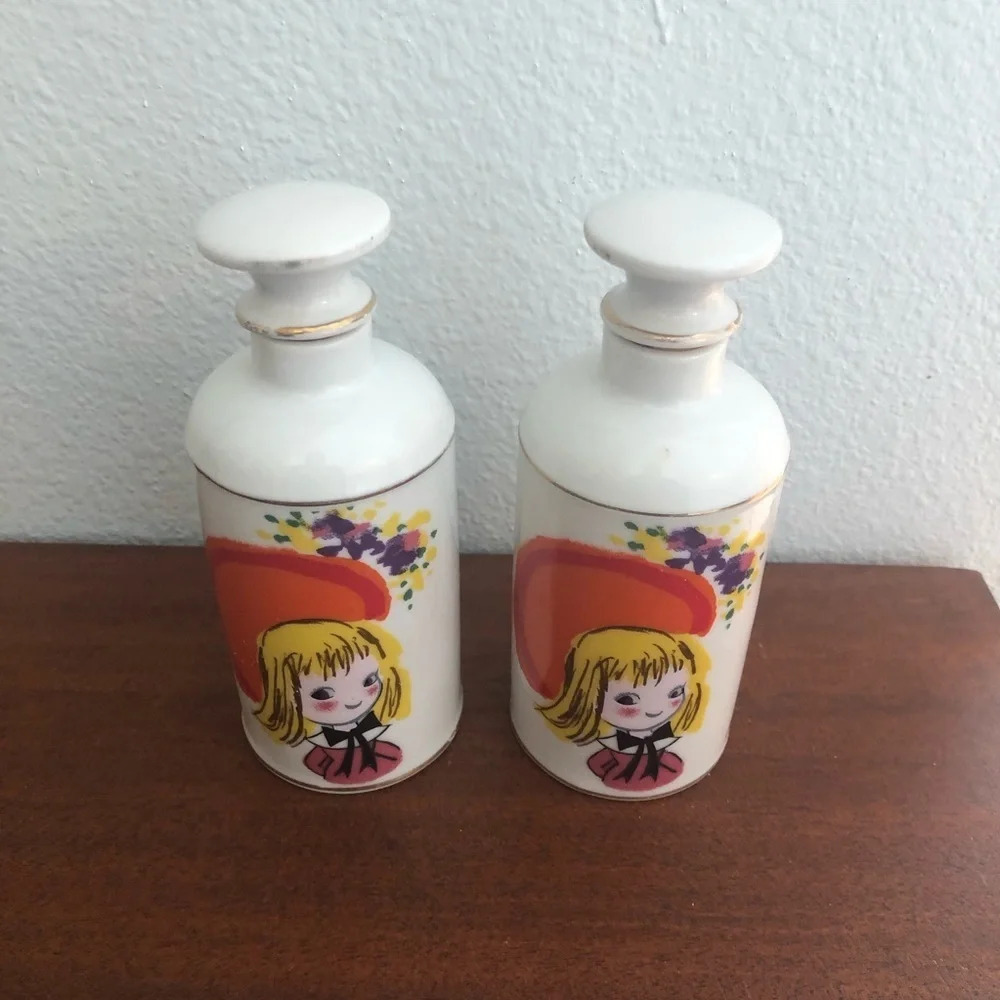 Vintage Porcelain Dresser Bottles Two Pair Schoolgirl Design Japan 1970s